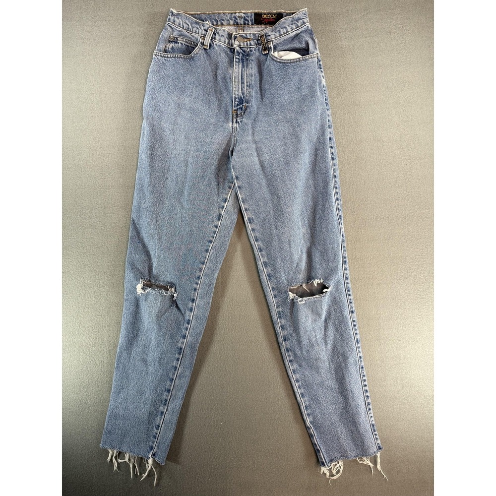 VTG Sasson Jeans Womens 9/10 Light Wash Blue Distressed Fringe Mom Denim